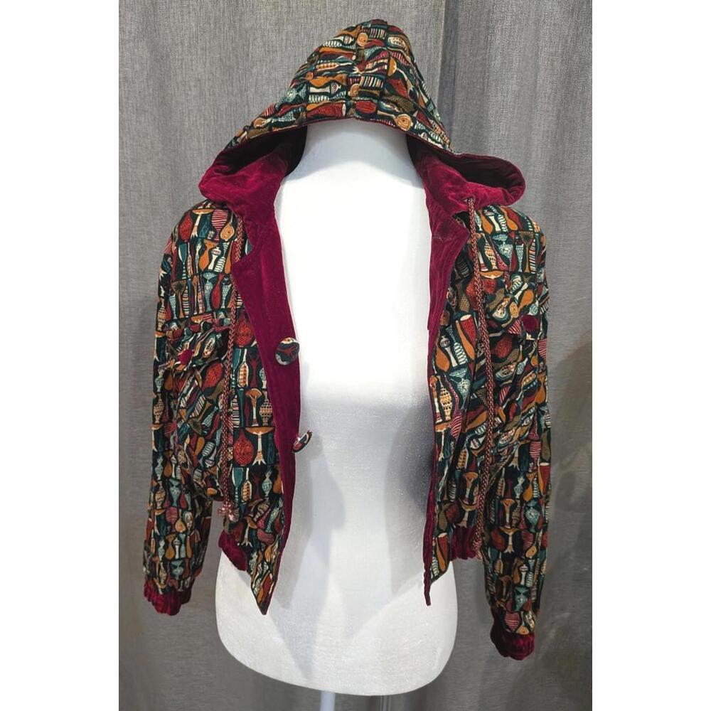 Women's Reversible Abstract Corduroy & Burgundy Velvet Hooded Cropped Jacket